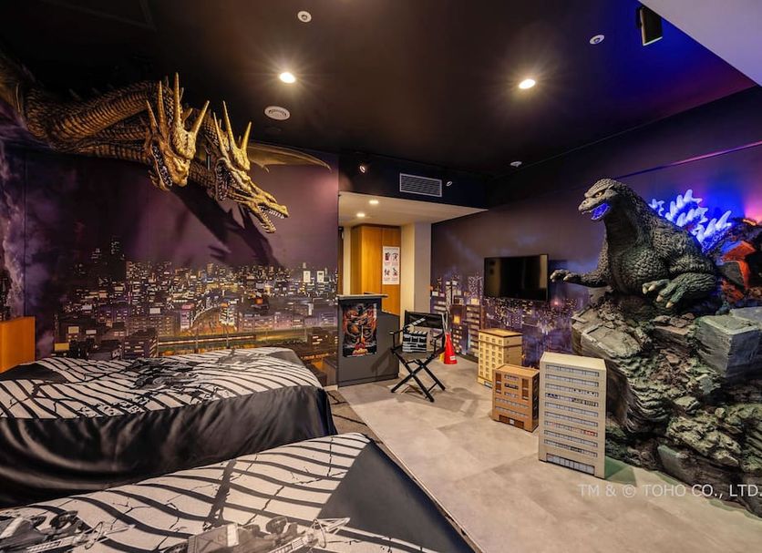 Hotel Gracery Shinjuku in Tokyo themed Godzilla room with monster decor and city mural