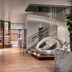 Palms Casino Resort Las Vegas lobby with modern seating, display shelves, staircase and chandelier