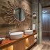 Expo Garden Resort Hotel Jinan bathroom with double sinks and sauna-like wooden room