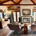 Rendezvous Mendocino in Gualala living room with fireplace, skylit wood ceiling and large windows
