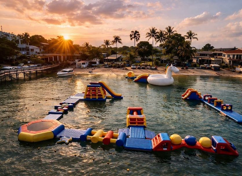 Samui Pier Beach Front & Resort in Ko Samui with colorful water floats at sunset over the bay