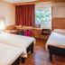 ibis Belfort Danjoutin room with three single beds, window and luggage on desk