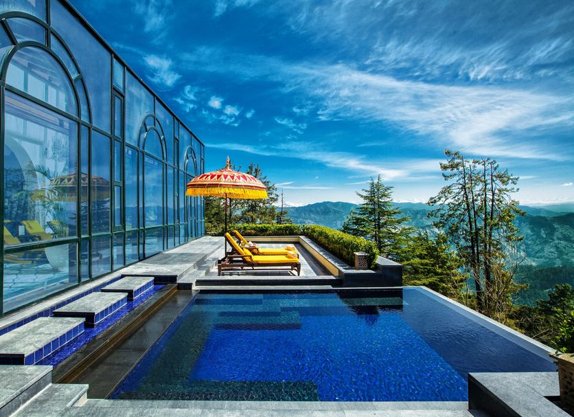 Wildflower Hall, An Oberoi Resort, Shimla pool terrace with mountain and valley views