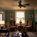 Williamsburg Manor B&B sitting room with fireplace, leather sofa, wingback chairs, and window view