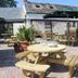 The Frocester in Stroud courtyard with picnic tables, umbrellas and potted plants