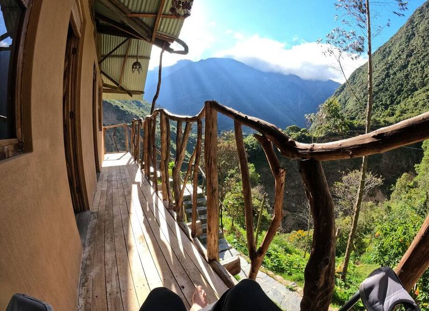 Salkantay Hostel Chaullay terrace with mountain and valley views in Santa Teresa