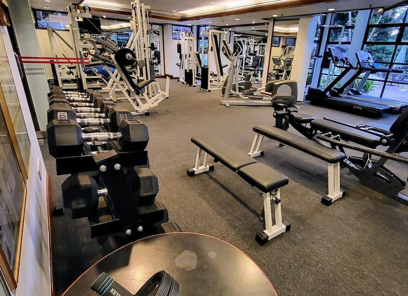 Sabah Hotel Sandakan gym with dumbbells, benches, weight machines and treadmills by windows