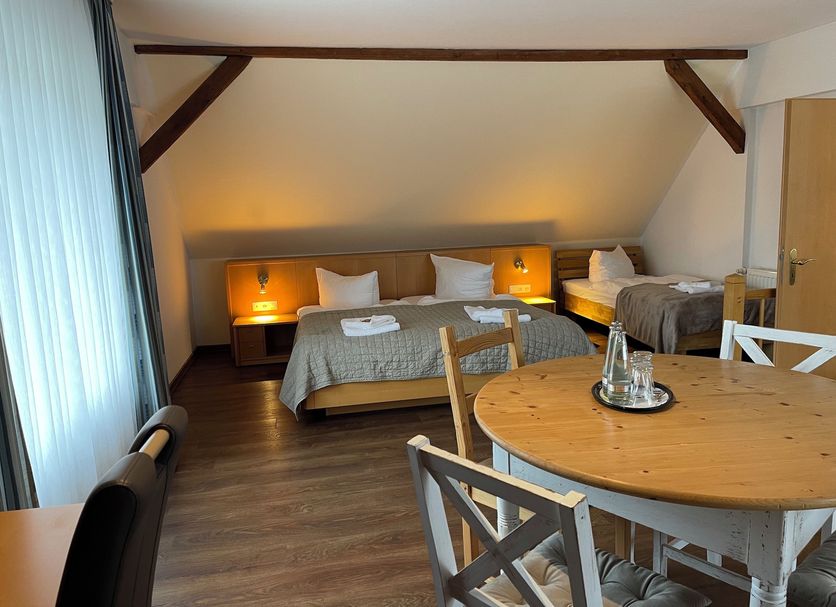 Luther Birke Wittenberg room in Lutherstadt Wittenberg with twin beds, round table, and skylit sloped ceiling
