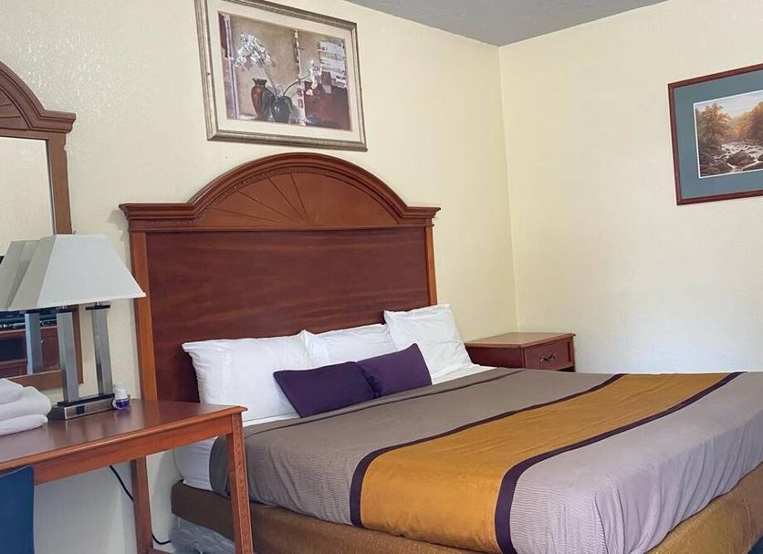 Budget Inn Express in South Hill guest room with a bed, nightstand, lamp, and framed wall art
