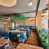 Llanerch Vineyard Hotel in Pontyclun, stylish restaurant with wood tables and indoor tree decor