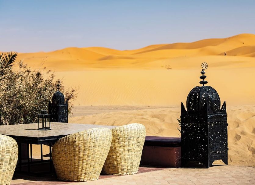 Kanz Erremal in Merzouga with terrace seating overlooking the Sahara dunes