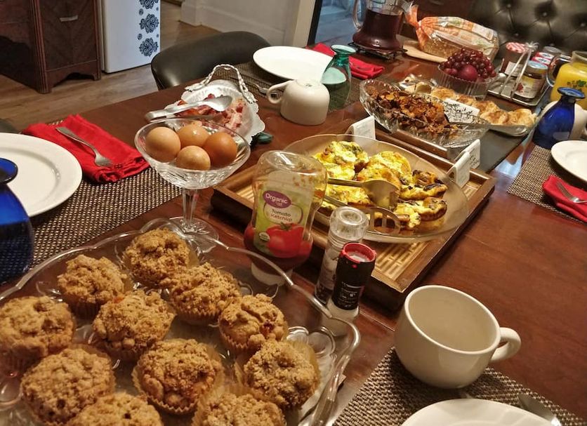 Breakfast spread at Maurrocks Bed & Breakfast in Mt Pocono with muffins, eggs, fruit, and coffee.