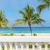 Amsterdam Manor Beach Resort in Noord with palm-framed ocean view and white balcony railing