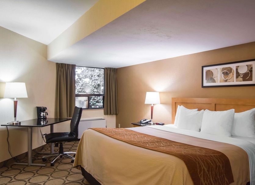 Comfort Inn Ancienne-Lorette - Quebec Airport guest room with king bed, desk, chair, and two lamps