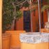 Hotel Beltran, Colonia del Sacramento: courtyard with orange planters, palm trees and stone well