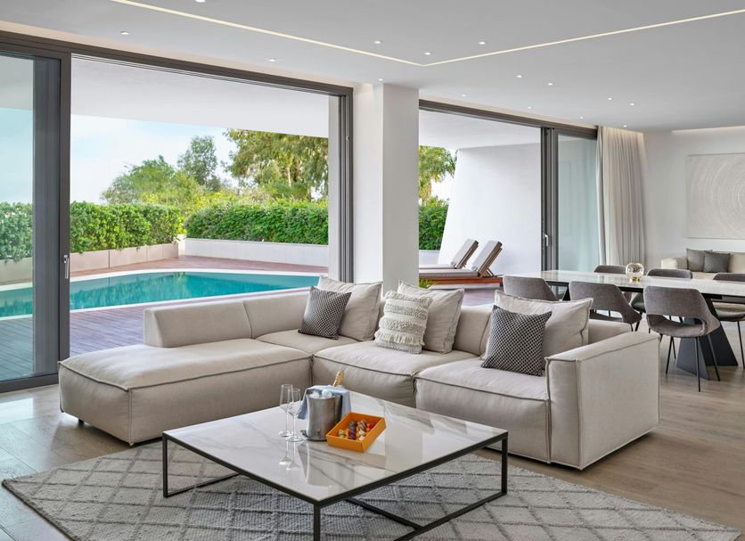 Parklane, a Luxury Collection Resort & Spa, Limassol: airy suite with plunge pool and outdoor loungers in Pyrgos