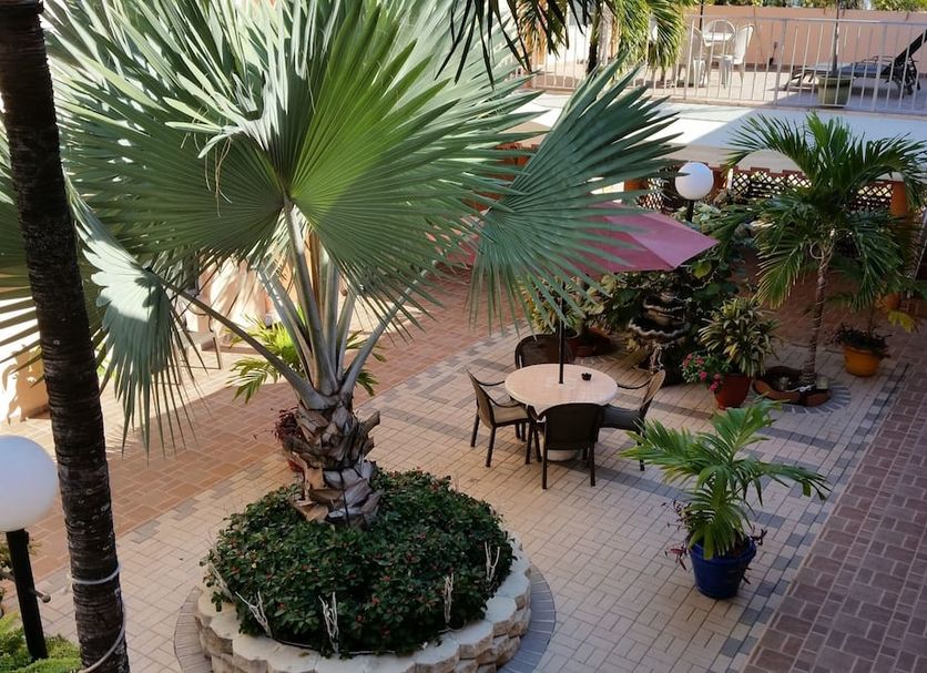 Lago Mar Motel And Apartments in Lake Worth courtyard with palm trees, tables, and patio seating