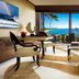 Four Seasons Resort Lanai room with ocean view, balcony doors, seating area and tropical scenery in Lanai City