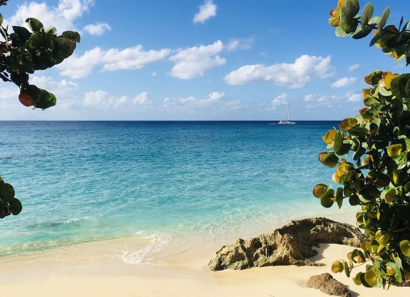 Sapphire Beach Club Resort in Simpson Bay with a turquoise beach, calm ocean, and rocky shoreline