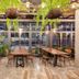 Kokotel Phuket Nai Yang Beach dining area with wooden tables, chairs, hanging plants and glass walls in Phuket City