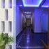Hotel Sagar Kanya Inn in Puri hallway with blue lighting, glass door, and potted plants