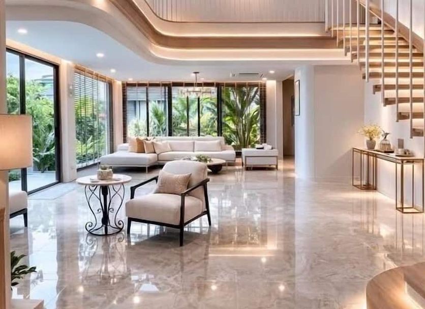 Fisherman Way Beach Villa, Rawai: bright villa lounge with marble floor, curved staircase, and garden views