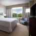 The Westin Reston Heights guest room with king bed, armchair, and large window overlooking trees