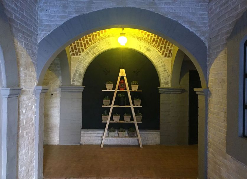Casa Armonia in San Miguel de Allende: arched brick hallway with ladder shelf and potted plants
