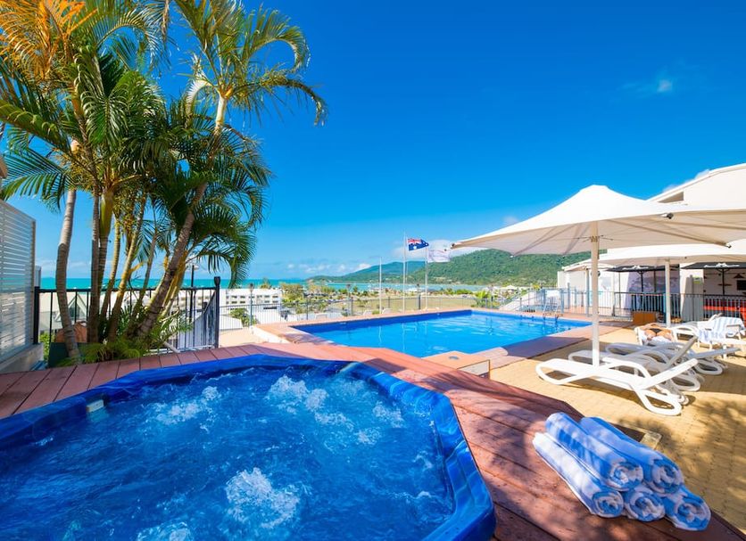 Whitsunday Terraces Resort in Airlie Beach with pool, hot tub, loungers and ocean views