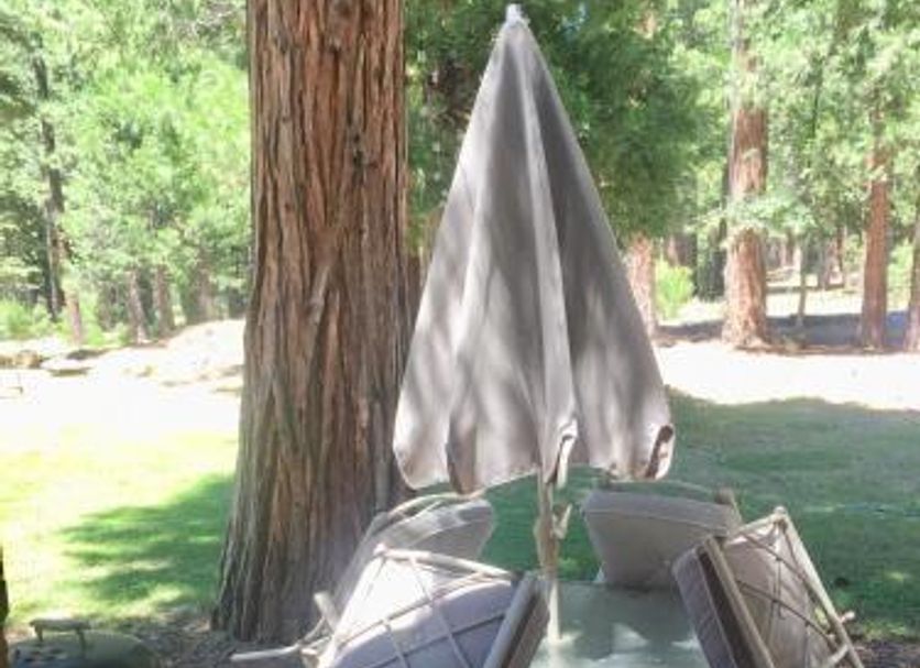 Sierra Sky Lodge in Graeagle: outdoor patio table with folding chairs and umbrella among trees