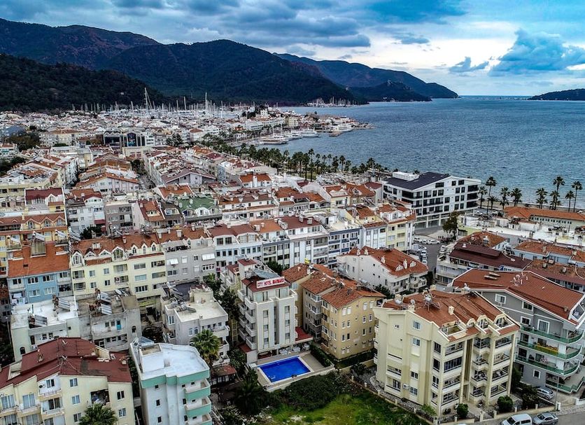 City Hotel Marmaris in Marmaris overlooking the bay and town skyline with mountains beyond