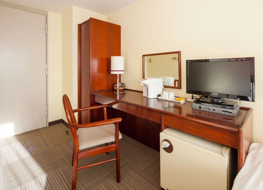 Fukuyama Terminal Hotel room with desk, chair, TV and mini fridge in Fukuyama