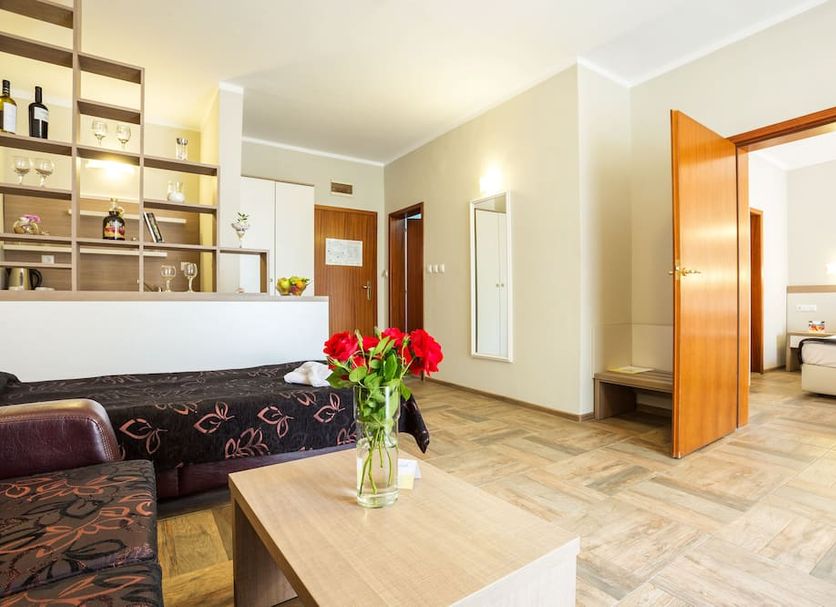 Ljuljak Hotel in Golden Sands room with sofa, coffee table, open shelf and doorway to bedroom