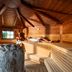Vier Jahreszeiten Am Schluchsee sauna interior with stone heater, wooden benches and guests relaxing