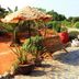 Zorbas Beach Village Hotel in Stavros with thatched shade, bench, swan sculptures and stone garden path