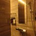 Suminoyu in Yamanouchi shower area with wood-paneled walls, handheld showerhead, and shelf of toiletries