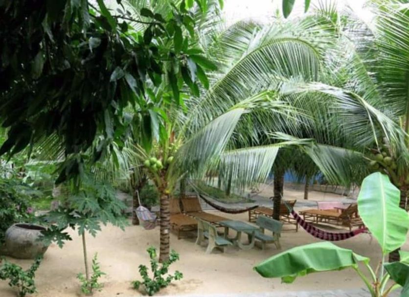 Cocosand Hotel in Phan Thiet tropical garden with hammocks, palm trees, and sandy seating area