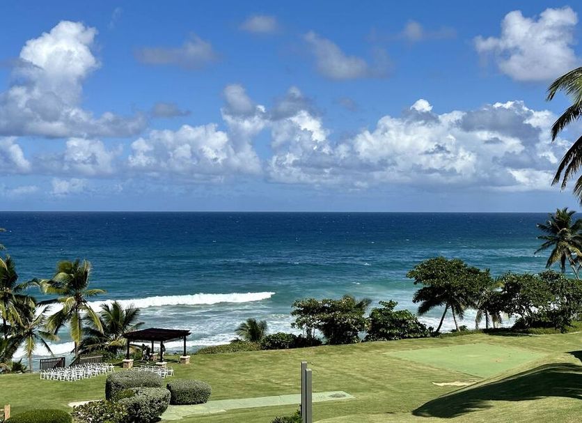 Hotel El Guajataca in Quebradillas with oceanfront lawn, palm trees, and sweeping sea view