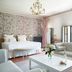 Château de Fonscolombe Le Puy-Sainte-Réparade elegant suite with floral wall, bed, sofa and chandelier