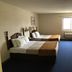 Denison Inn & Suites in Denison guest room with two beds, window, chair, and blue carpet