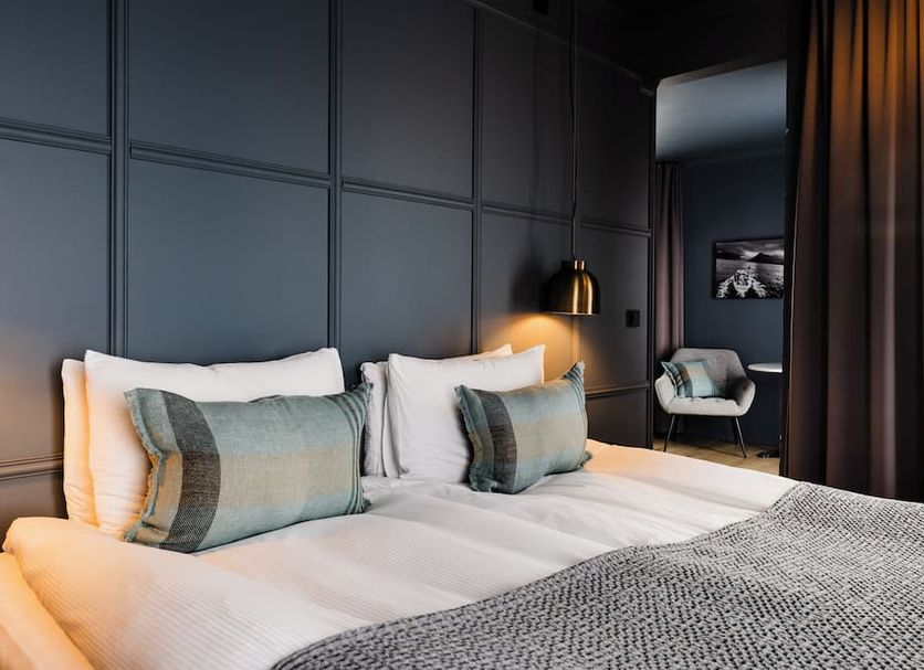 Odinsve Hotel, Reykjavik guest room with king bed, dark paneled walls, and a chair by the window.