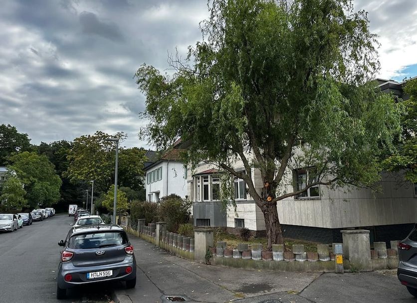 Grünewald in Hannover on a tree-lined street beside parked cars and a cloudy sky