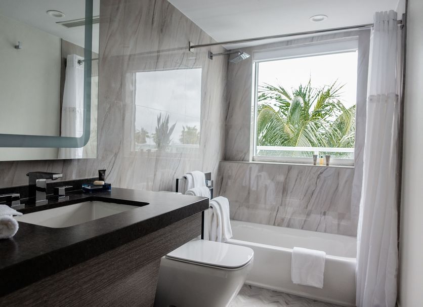 The Sagamore Hotel South Beach bathroom with bathtub, vanity, and palm tree view in Miami Beach