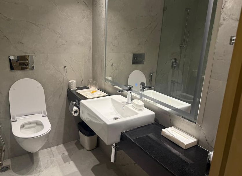 Mansingh Palace, Ajmer bathroom with wall-mounted toilet, sink, mirror, and glass shower enclosure