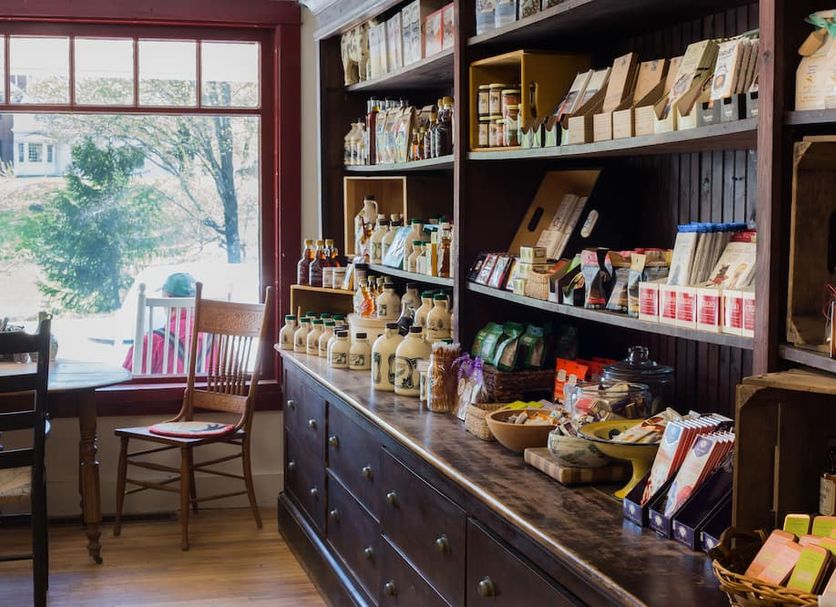 Kedron Valley Inn in South Woodstock with a cozy shop display and window seating