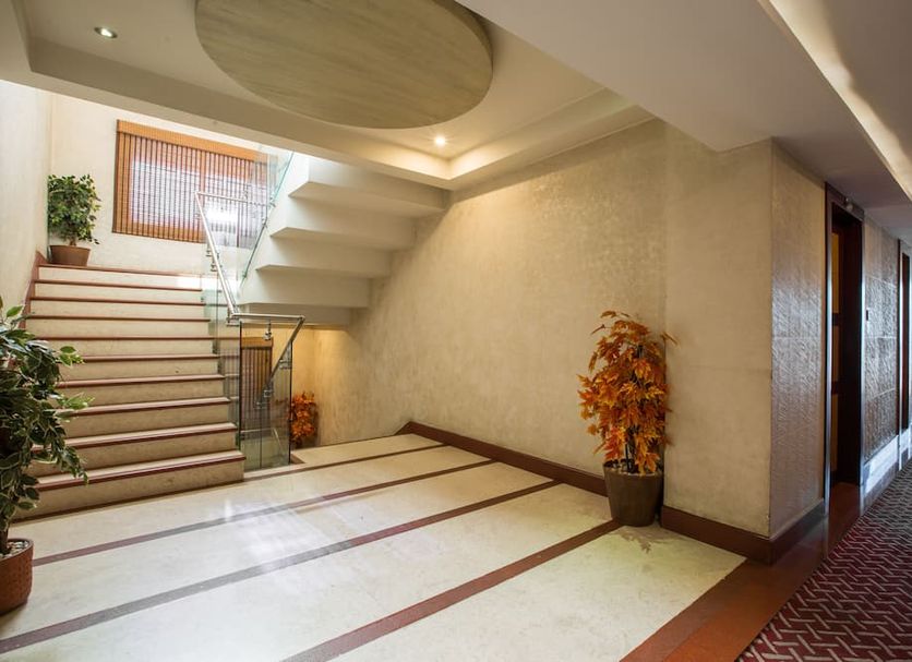 The Castello Residency in Coimbatore interior staircase with carpeted hallway and potted plants