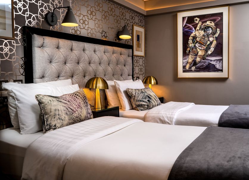 Roxford Lodge Hotel Dublin twin beds with tufted headboard and astronaut artwork