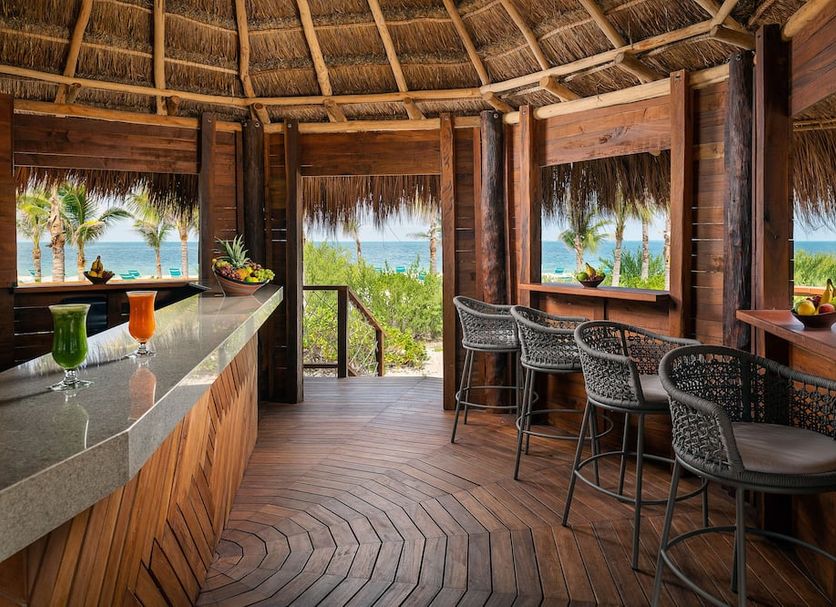Catalonia Grand Costa Mujeres All Suites & Spa bar with ocean view in Punta Sam and thatched roof seating
