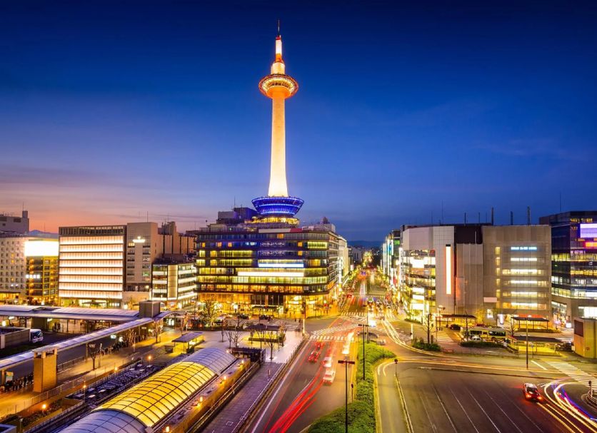 Inn Kawashima, Kyoto skyline at dusk with illuminated tower and city streets