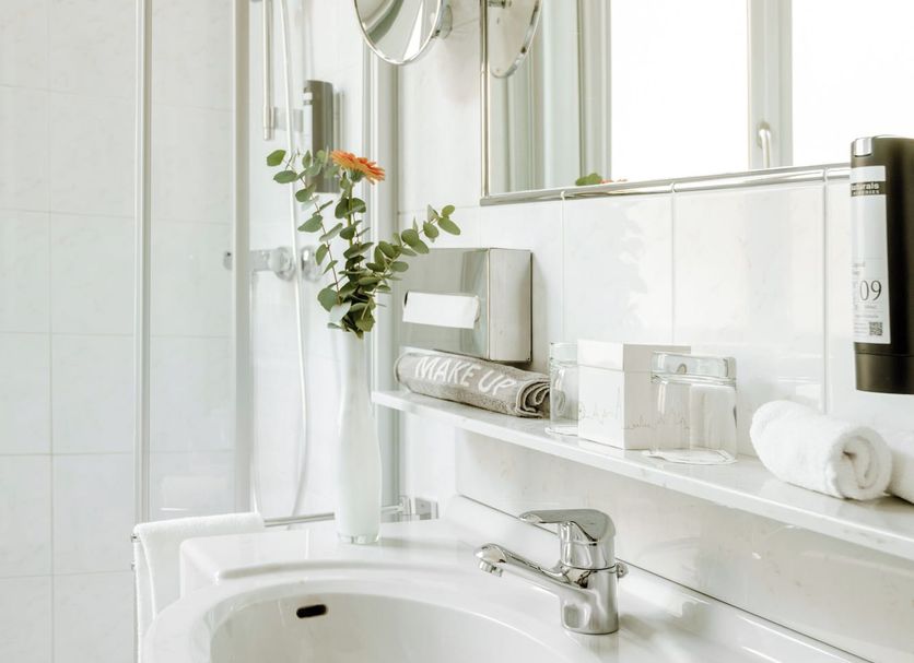 Hotel Erzherzog Rainer Vienna bathroom with shower, sink, and bright mirrored vanity